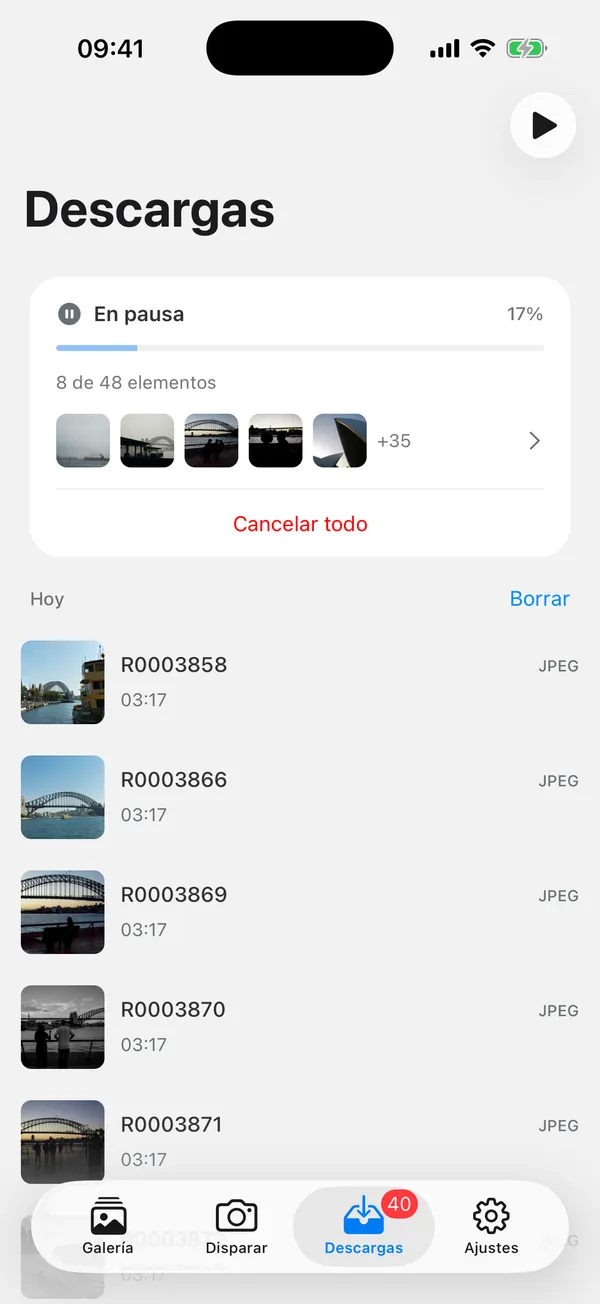 Cola de descargas de GR Snap con el progreso de los archivos y las transferencias completadas