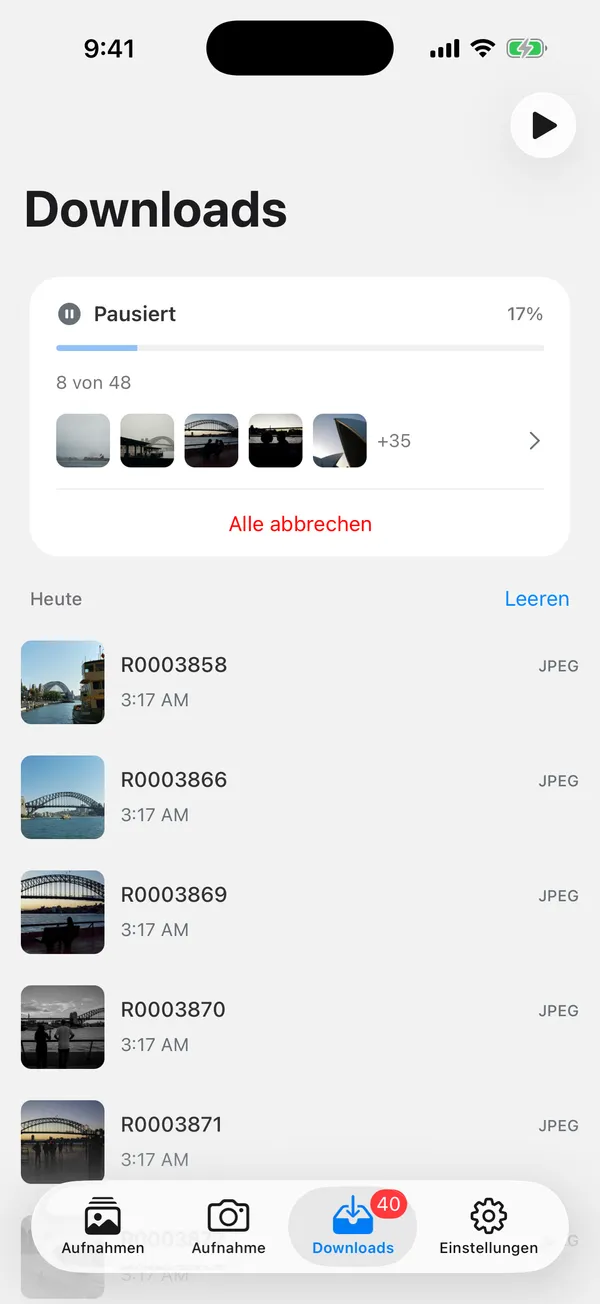 Download-Warteschlange von GR Snap mit Dateifortschritt und abgeschlossenen Übertragungen