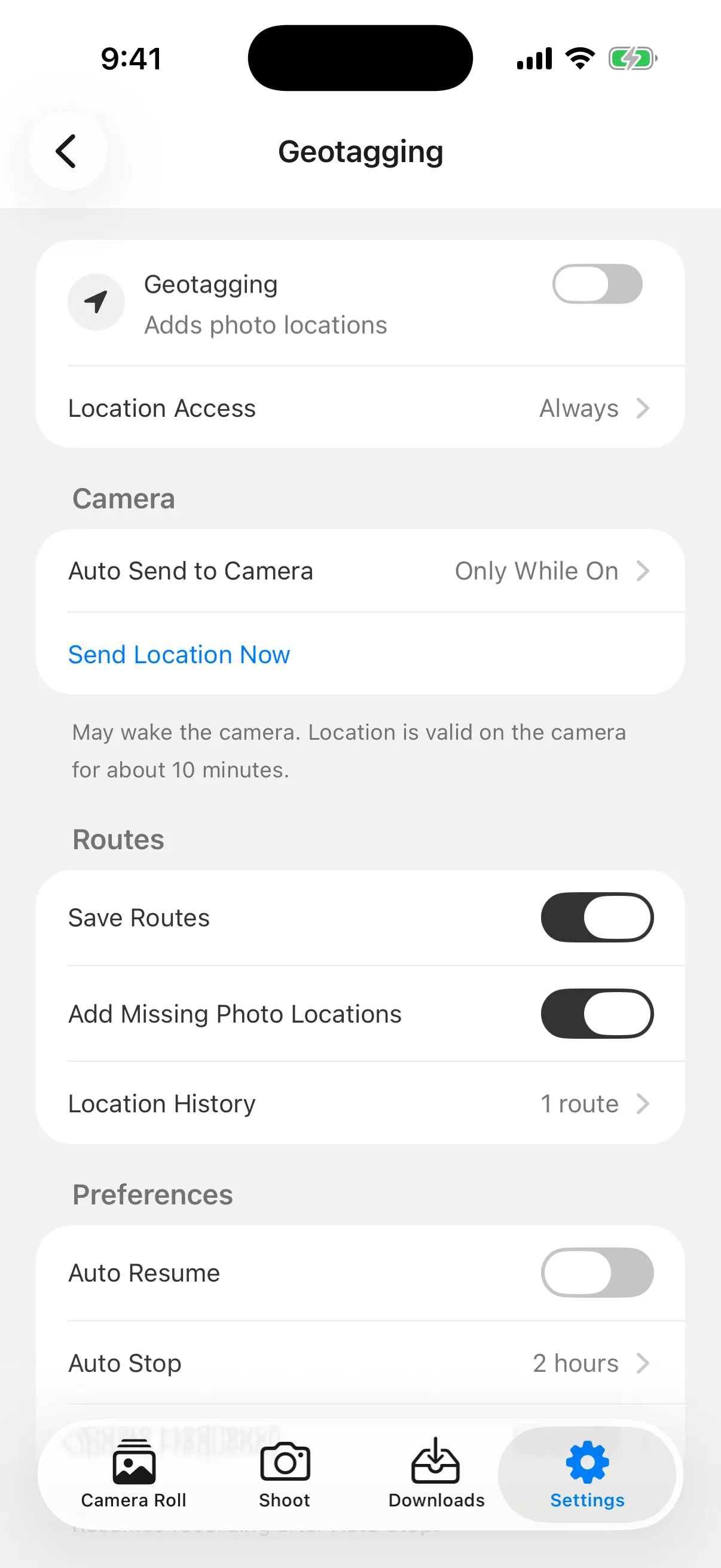 GR Snap's Geotagging screen: the switch, Location Access, the Camera group with Auto Send to Camera and Send Location Now, the Routes group, and Preferences