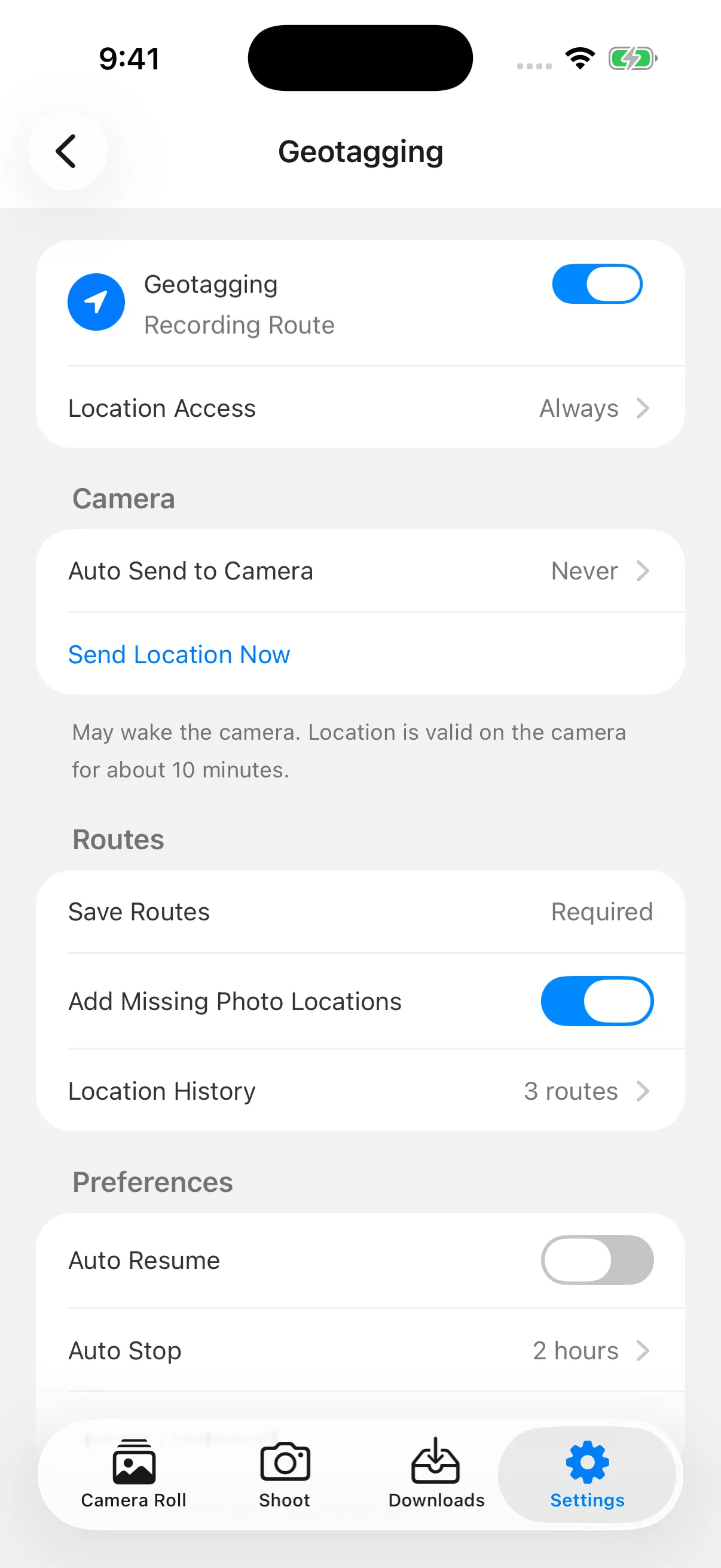 Geotagging zeigt Route wird erfasst, Automatisch an Kamera senden steht auf Nie, Routen speichern ist Erforderlich und Fehlende Fotostandorte ergänzen ist eingeschaltet