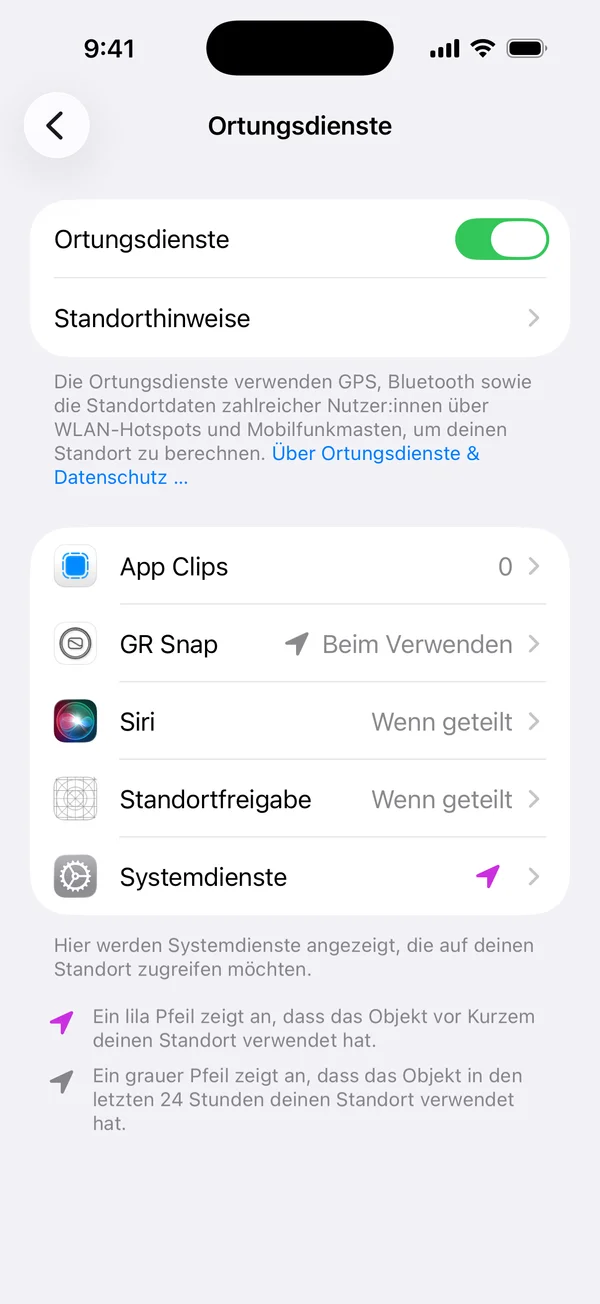 iOS-Einstellungen, Datenschutz & Sicherheit, Ortungsdienste, GR Snap auf „Beim Verwenden“ eingestellt