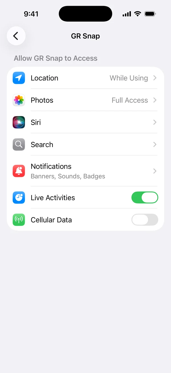 GR Snap's own page in iOS Settings, listing the permissions it has asked for, with Location set to While Using