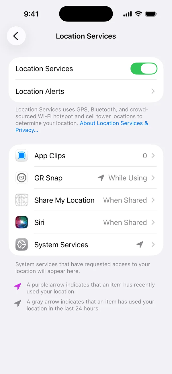 iOS Settings, Privacy & Security, Location Services, with GR Snap set to While Using