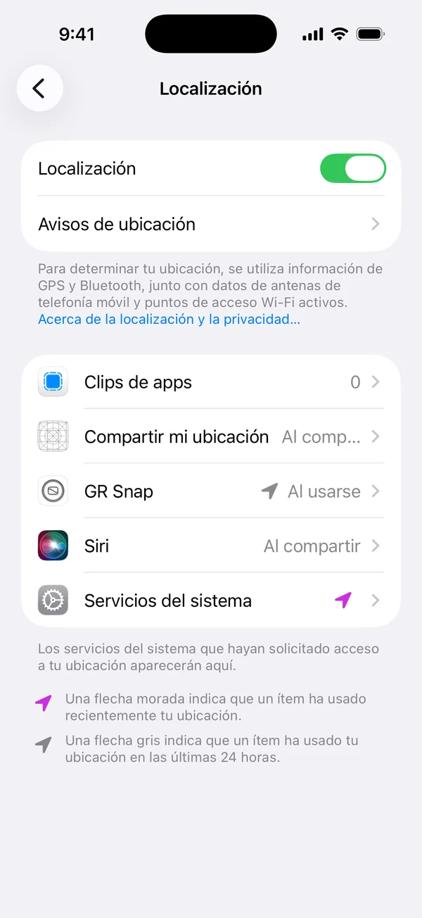 Ajustes de iOS, Privacidad y seguridad, Localización, con GR Snap en «Mientras se usa la app»