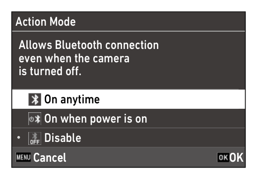 GR-III-Menü: Bluetooth Setting, Action Mode mit On anytime, On when power is on und Disable