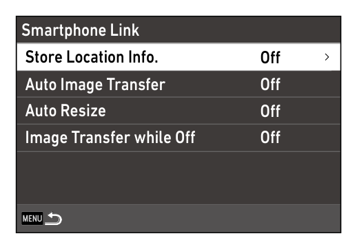 GR-IV-Menü: Smartphone Link mit Store Location Info., Auto Image Transfer, Auto Resize und Image Transfer while Off